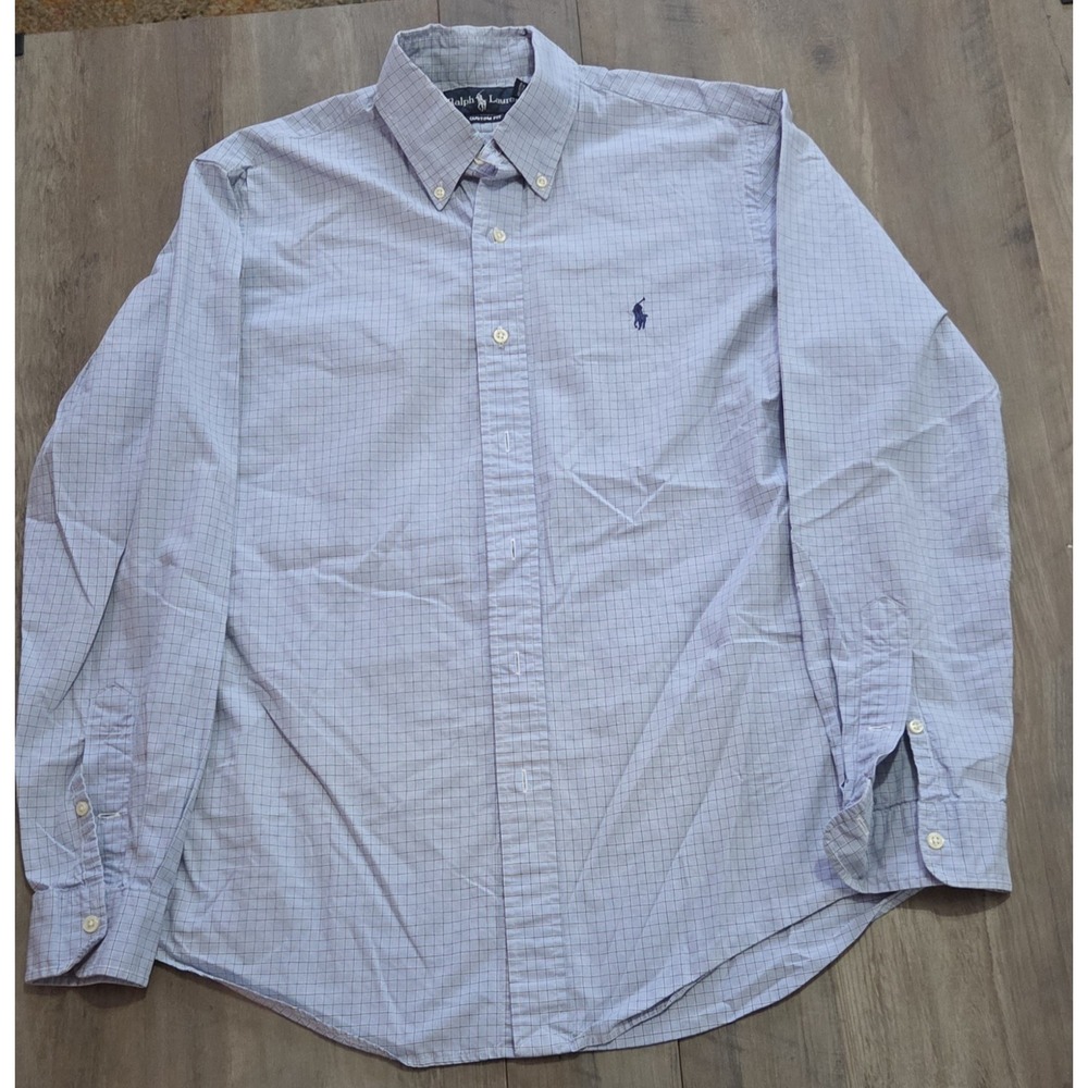 Ralph Lauren Men Medium Custom Fit Blue Micro-Check Long Sleeve Button Up Shirt